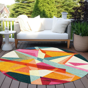 HomeRoots 5' Stylish Geometric Washable Area Rug in Warm Ivory, Orange, and Burgundy for Indoor & Outdoor Use 8' Round 616696