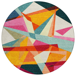 HomeRoots 5' Stylish Geometric Washable Area Rug in Warm Ivory, Orange, and Burgundy for Indoor & Outdoor Use 8' Round 616696
