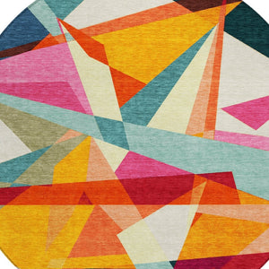HomeRoots 5' Stylish Geometric Washable Area Rug in Warm Ivory, Orange, and Burgundy for Indoor & Outdoor Use 8' Round 616696