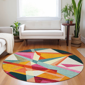 HomeRoots 5' Stylish Geometric Washable Area Rug in Warm Ivory, Orange, and Burgundy for Indoor & Outdoor Use 8' Round 616696