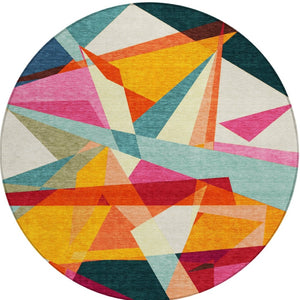 HomeRoots 5' Stylish Geometric Washable Area Rug in Warm Ivory, Orange, and Burgundy for Indoor & Outdoor Use 8' Round 616696