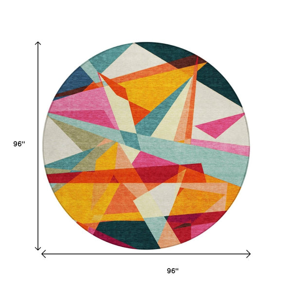 HomeRoots 5' Stylish Geometric Washable Area Rug in Warm Ivory, Orange, and Burgundy for Indoor & Outdoor Use 8' Round 616696