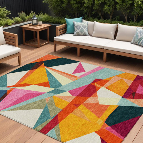 HomeRoots 5' Stylish Geometric Washable Area Rug in Warm Ivory, Orange, and Burgundy for Indoor & Outdoor Use 10' X 14' 616699