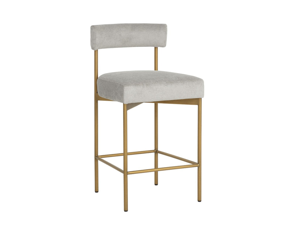 Sunpan SENECA Counter Stool - Elegant Open-Back Design in Antique Brass & Polo Club Stone Upholstery 112338