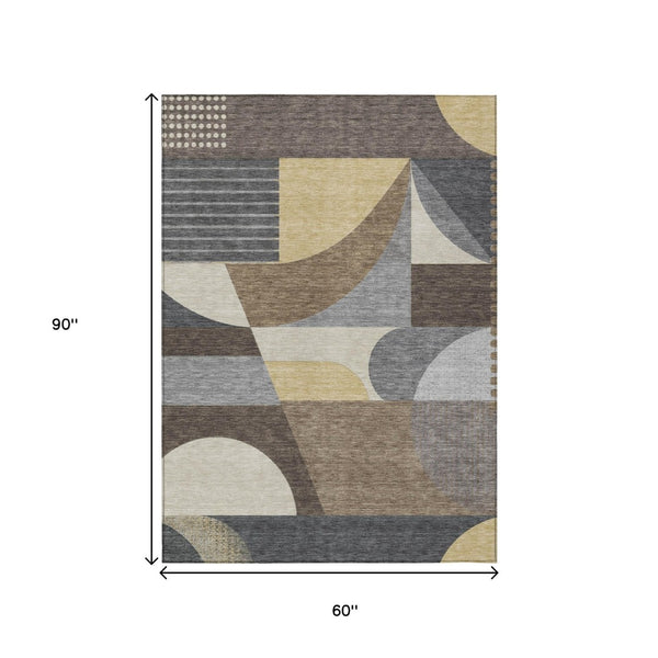HomeRoots 5' Geometric Indoor Outdoor Area Rug in Brown Taupe and Wheat – Durable, Washable, Stylish Design 5' X 8' 616719