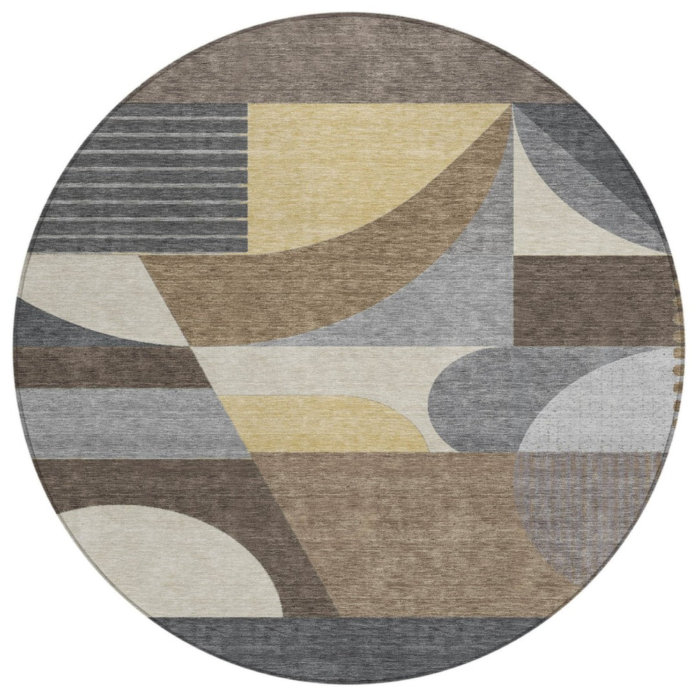 HomeRoots 5' Geometric Indoor Outdoor Area Rug in Brown Taupe and Wheat – Durable, Washable, Stylish Design 8' Round 616720