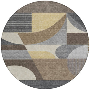 HomeRoots 5' Geometric Indoor Outdoor Area Rug in Brown Taupe and Wheat – Durable, Washable, Stylish Design 8' Round 616720