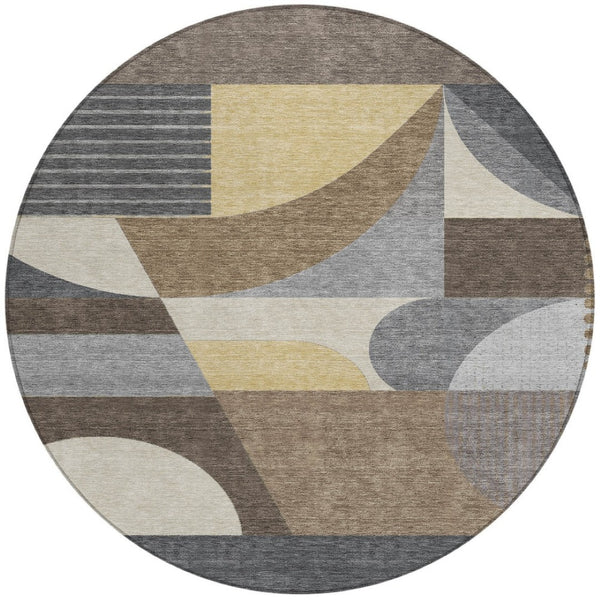 HomeRoots 5' Geometric Indoor Outdoor Area Rug in Brown Taupe and Wheat – Durable, Washable, Stylish Design 8' Round 616720