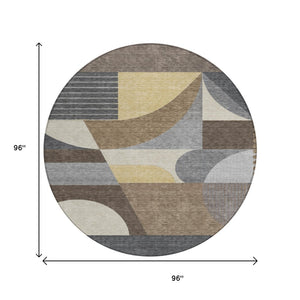 HomeRoots 5' Geometric Indoor Outdoor Area Rug in Brown Taupe and Wheat – Durable, Washable, Stylish Design 8' Round 616720