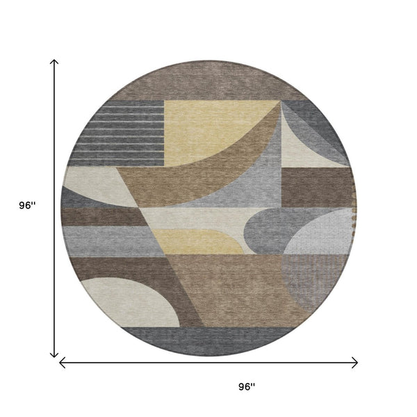 HomeRoots 5' Geometric Indoor Outdoor Area Rug in Brown Taupe and Wheat – Durable, Washable, Stylish Design 8' Round 616720