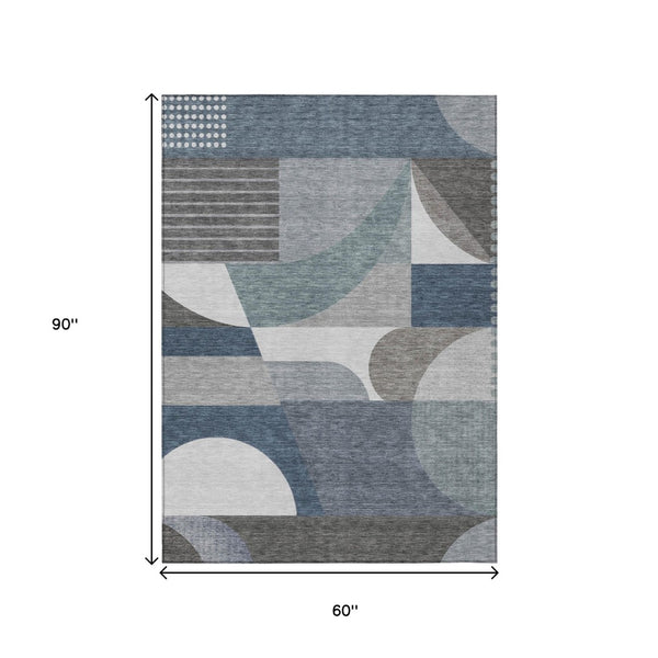 HomeRoots 5' Modern Geometric Area Rug in Gray-Blue & Ivory – Washable, Durable for Indoor/Outdoor Spaces 5' X 8' 616725