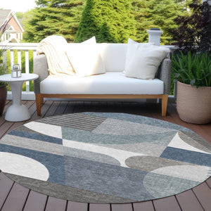 HomeRoots 5' Modern Geometric Area Rug in Gray-Blue & Ivory – Washable, Durable for Indoor/Outdoor Spaces 8' Round 616726