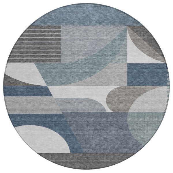 HomeRoots 5' Modern Geometric Area Rug in Gray-Blue & Ivory – Washable, Durable for Indoor/Outdoor Spaces 8' Round 616726