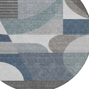 HomeRoots 5' Modern Geometric Area Rug in Gray-Blue & Ivory – Washable, Durable for Indoor/Outdoor Spaces 8' Round 616726