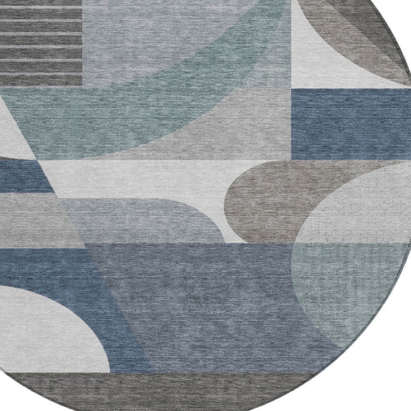 HomeRoots 5' Modern Geometric Area Rug in Gray-Blue & Ivory – Washable, Durable for Indoor/Outdoor Spaces 8' Round 616726