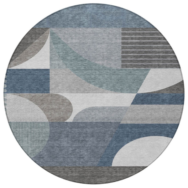 HomeRoots 5' Modern Geometric Area Rug in Gray-Blue & Ivory – Washable, Durable for Indoor/Outdoor Spaces 8' Round 616726
