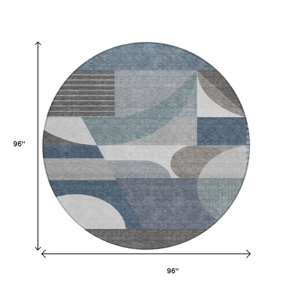 HomeRoots 5' Modern Geometric Area Rug in Gray-Blue & Ivory – Washable, Durable for Indoor/Outdoor Spaces 8' Round 616726