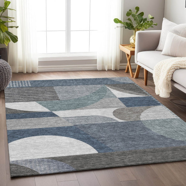 HomeRoots 5' Modern Geometric Area Rug in Gray-Blue & Ivory – Washable, Durable for Indoor/Outdoor Spaces 8' X 10' 616727