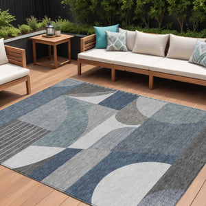 HomeRoots 5' Modern Geometric Area Rug in Gray-Blue & Ivory – Washable, Durable for Indoor/Outdoor Spaces 9' X 12' 616728