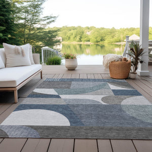 HomeRoots 5' Modern Geometric Area Rug in Gray-Blue & Ivory – Washable, Durable for Indoor/Outdoor Spaces 9' X 12' 616728