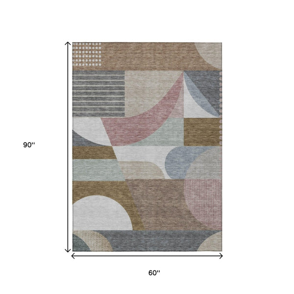 HomeRoots 5' Stylish Brown, Ivory & Mauve Geometric Washable Area Rug for Indoor & Outdoor Use, Easy Care 5' X 8' 616731