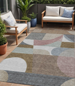 HomeRoots 5' Stylish Brown, Ivory & Mauve Geometric Washable Area Rug for Indoor & Outdoor Use, Easy Care 5' X 8' 616731