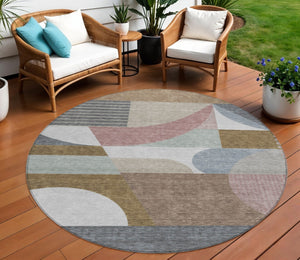 HomeRoots 5' Stylish Brown, Ivory & Mauve Geometric Washable Area Rug for Indoor & Outdoor Use, Easy Care 8' Round 616732