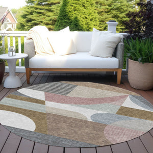 HomeRoots 5' Stylish Brown, Ivory & Mauve Geometric Washable Area Rug for Indoor & Outdoor Use, Easy Care 8' Round 616732