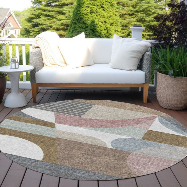 HomeRoots 5' Stylish Brown, Ivory & Mauve Geometric Washable Area Rug for Indoor & Outdoor Use, Easy Care 8' Round 616732