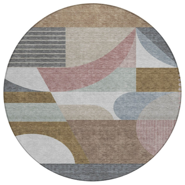 HomeRoots 5' Stylish Brown, Ivory & Mauve Geometric Washable Area Rug for Indoor & Outdoor Use, Easy Care 8' Round 616732