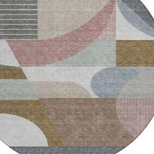 HomeRoots 5' Stylish Brown, Ivory & Mauve Geometric Washable Area Rug for Indoor & Outdoor Use, Easy Care 8' Round 616732