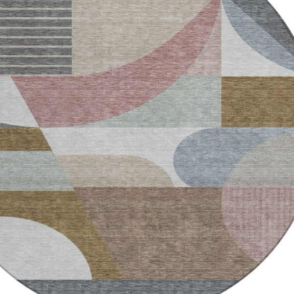 HomeRoots 5' Stylish Brown, Ivory & Mauve Geometric Washable Area Rug for Indoor & Outdoor Use, Easy Care 8' Round 616732