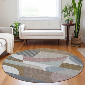 HomeRoots 5' Stylish Brown, Ivory & Mauve Geometric Washable Area Rug for Indoor & Outdoor Use, Easy Care 8' Round 616732