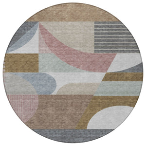 HomeRoots 5' Stylish Brown, Ivory & Mauve Geometric Washable Area Rug for Indoor & Outdoor Use, Easy Care 8' Round 616732