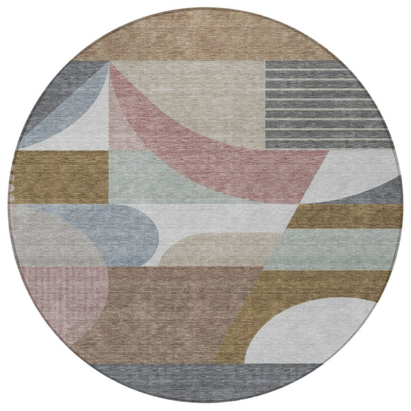 HomeRoots 5' Stylish Brown, Ivory & Mauve Geometric Washable Area Rug for Indoor & Outdoor Use, Easy Care 8' Round 616732