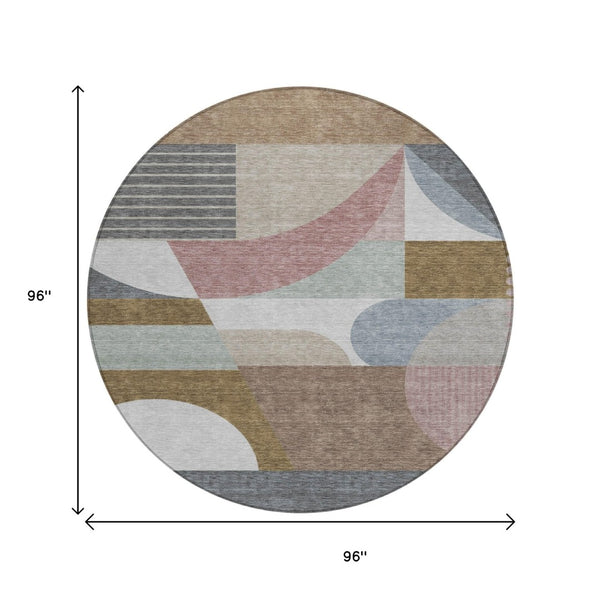 HomeRoots 5' Stylish Brown, Ivory & Mauve Geometric Washable Area Rug for Indoor & Outdoor Use, Easy Care 8' Round 616732