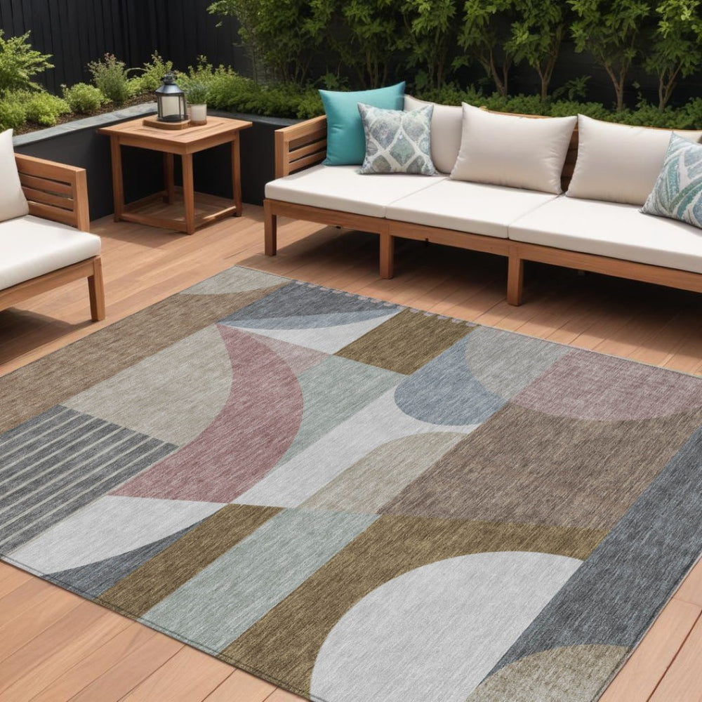 HomeRoots 5' Stylish Brown, Ivory & Mauve Geometric Washable Area Rug for Indoor & Outdoor Use, Easy Care 9' X 12' 616734