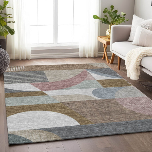 HomeRoots 5' Stylish Brown, Ivory & Mauve Geometric Washable Area Rug for Indoor & Outdoor Use, Easy Care 9' X 12' 616734