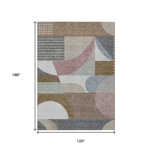 HomeRoots 5' Stylish Brown, Ivory & Mauve Geometric Washable Area Rug for Indoor & Outdoor Use, Easy Care 10' X 14' 616735