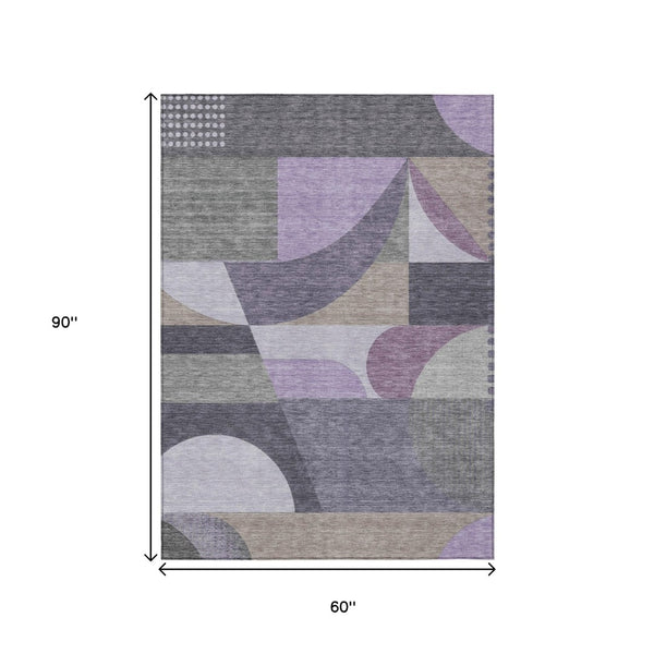 HomeRoots 5' Contemporary Geometric Area Rug in Purple, Gray & Beige – Washable for Indoor & Outdoor Use 5' X 8' 616737