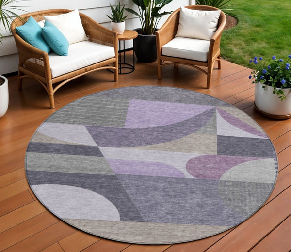 HomeRoots 5' Contemporary Geometric Area Rug in Purple, Gray & Beige – Washable for Indoor & Outdoor Use 8' Round 616738
