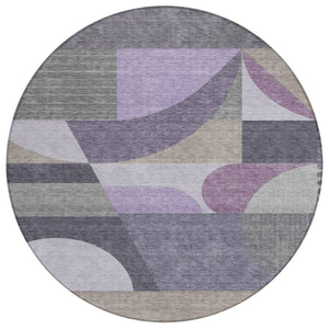HomeRoots 5' Contemporary Geometric Area Rug in Purple, Gray & Beige – Washable for Indoor & Outdoor Use 8' Round 616738
