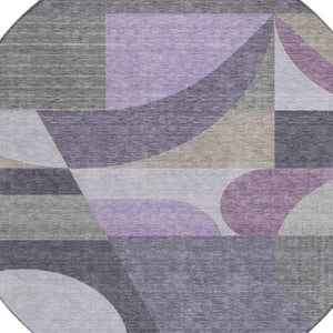 HomeRoots 5' Contemporary Geometric Area Rug in Purple, Gray & Beige – Washable for Indoor & Outdoor Use 8' Round 616738