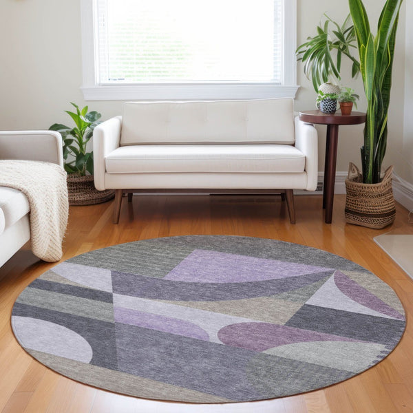 HomeRoots 5' Contemporary Geometric Area Rug in Purple, Gray & Beige – Washable for Indoor & Outdoor Use 8' Round 616738