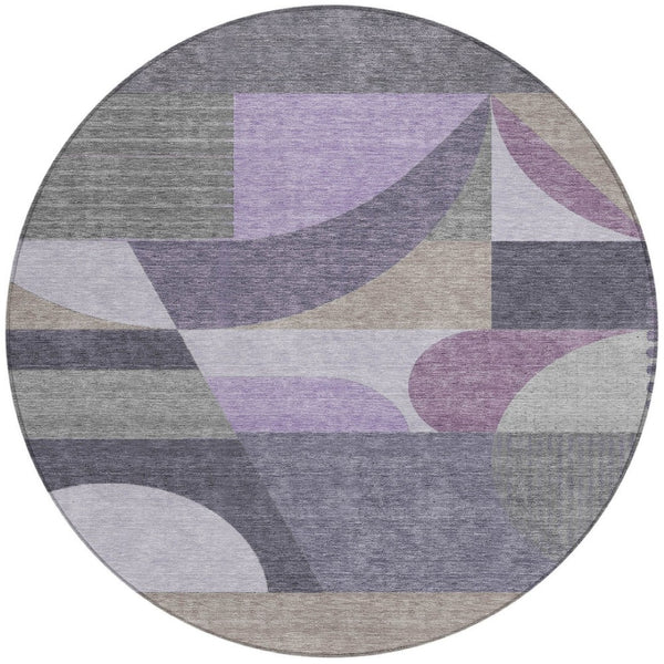HomeRoots 5' Contemporary Geometric Area Rug in Purple, Gray & Beige – Washable for Indoor & Outdoor Use 8' Round 616738