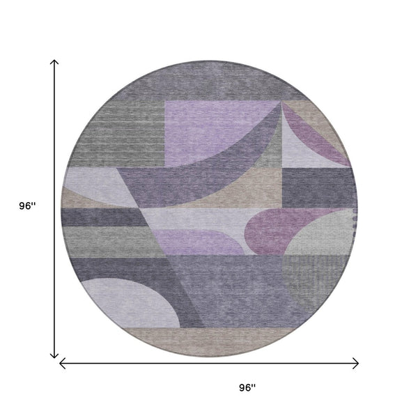 HomeRoots 5' Contemporary Geometric Area Rug in Purple, Gray & Beige – Washable for Indoor & Outdoor Use 8' Round 616738
