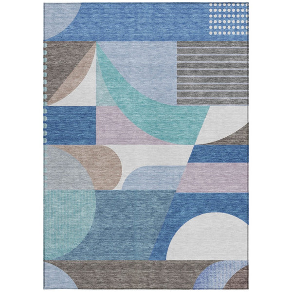HomeRoots 5' Modern Geometric Area Rug in Sky Blue, Teal, and Brown - Washable, Durable for Indoor & Outdoor Use 5' X 8' 616743