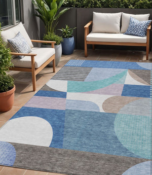 HomeRoots 5' Modern Geometric Area Rug in Sky Blue, Teal, and Brown - Washable, Durable for Indoor & Outdoor Use 5' X 8' 616743