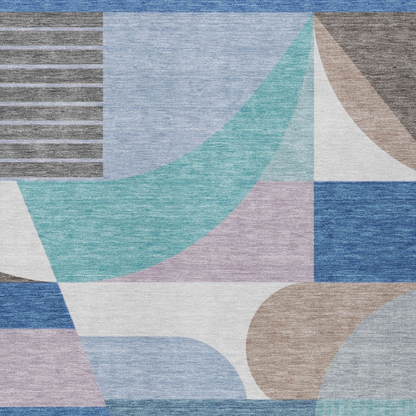 HomeRoots 5' Modern Geometric Area Rug in Sky Blue, Teal, and Brown - Washable, Durable for Indoor & Outdoor Use 5' X 8' 616743