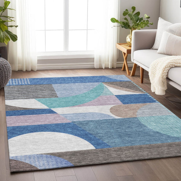 HomeRoots 5' Modern Geometric Area Rug in Sky Blue, Teal, and Brown - Washable, Durable for Indoor & Outdoor Use 5' X 8' 616743